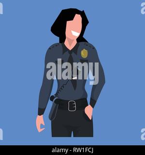 L'agent de police en uniforme femme femmes cop security guard occupation professionnelle concept personnage portrait télévision fond bleu Illustration de Vecteur