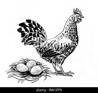 Poule et oeufs dans le nid. Dessin noir et blanc Encre Banque D'Images