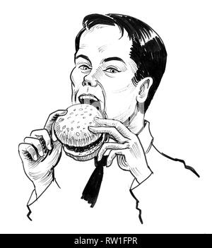 Homme affamé mordant un burger. Dessin noir et blanc Encre Banque D'Images