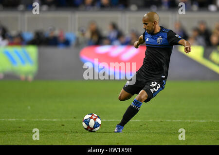 San Jose, Californie, USA. 2e Mar, 2019. Pendant le jeu entre la MLS Impact de Montréal et les San Jose Earthquakes chez Avaya Stadium à San Jose, Californie. Chris Brown/CSM/Alamy Live News Banque D'Images