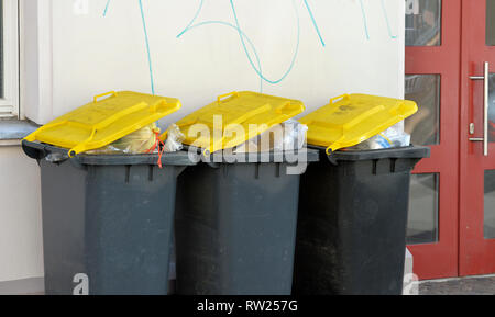 Leipzig, Allemagne. Feb 25, 2019. Soi-disant les bacs jaunes pour les déchets plastiques et les emballages légers sont bien rempli à côté d'une entrée indépendante. Credit : Volkmar Heinz/dpa-Zentralbild/ZB/dpa/Alamy Live News Banque D'Images