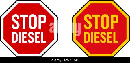 Pas de diesel signe. Icône de forme roadsign arrêter avec du texte. Version blanche et jaune. Illustration de Vecteur