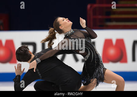 Alisa Agafonova et Alper Uçar à partir de la Turquie au cours de championnats du monde de patinage artistique 2018 à Milan, Italie Banque D'Images