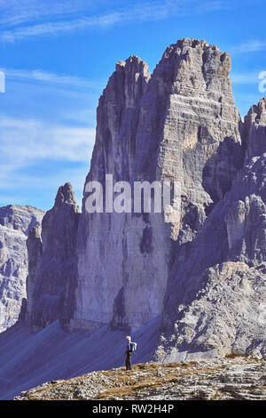 Tre Cime di Lavaredo vue depuis le Monte Piana, Dolomites, Misurina, Veneto, Italie Banque D'Images