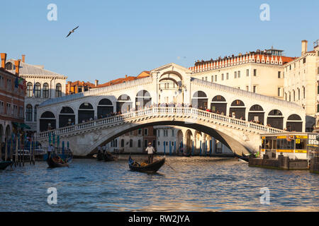 Gondola avec les touristes sur le Grand Canal au Rialto Bridge au coucher du soleil, Venise, Vénétie, Italie Banque D'Images