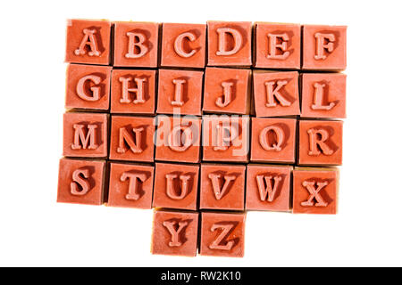 Timbres en caoutchouc avec poignée en bois. l'alphabet Banque D'Images