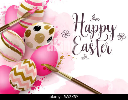 Les oeufs de Pâques rose peint à la main et le pinceau aquarelle sur arrière-plan. Joyeuses Pâques le lettrage Banque D'Images