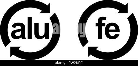 L'aluminium recyclable (alu) et en acier (Fe). Lettres noires en cercle avec des flèches. Illustration de Vecteur