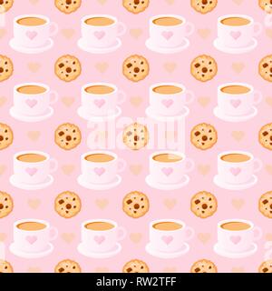 Modèle transparent avec des tasses de café, des biscuits et des coeurs. Banque D'Images