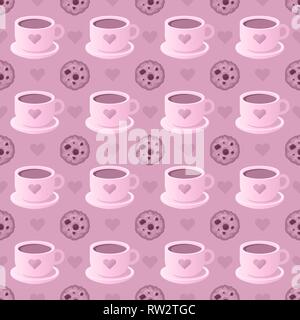 Modèle transparent avec des tasses de café, des biscuits et des coeurs. Banque D'Images