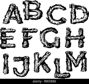 Alphabet dessiné à la main noire font fabriqués à partir de bois de chêne Illustration de Vecteur