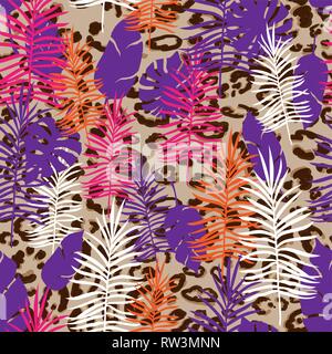 Modèle sans fond de fleurs exotiques. Les fleurs tropicales et les feuilles sur la peau de leopard print. Illustration de Vecteur