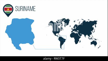 Suriname localisation situé sur une carte du monde avec un drapeau et pointeur de carte ou de code pin. Carte infographique. Vector illustration isolé sur blanc . Illustration de Vecteur