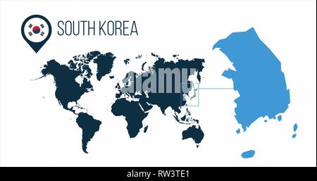 Corée du sud situé sur une carte du monde avec un drapeau et pointeur de carte ou de code pin. Carte infographique. Vector illustration isolé sur blanc . Illustration de Vecteur