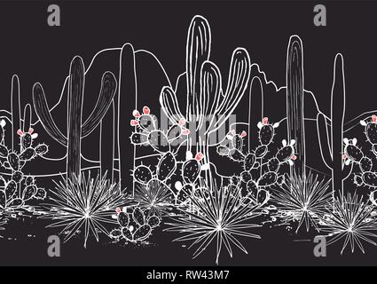 Motif transparent vecteur de cactus et de montagnes. Cactus sauvages forêt mexicaine avec de l'agave, saguaro, et le figuier de barbarie. Blanc, noir et rose palette Illustration de Vecteur