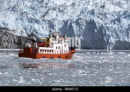 Bateau de croisière rouge parmi les icebergs au Groenland. Nautisme en face de glacier Eqip Sermia dans la mer gelée Banque D'Images