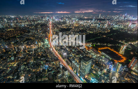 Tokyo - août 08, 2017 : nuit panoramique vue aérienne de toits de Tokyo et de la route des sentiers de voiture sur la Route 3 (Shuto Expressway) Shibuya Route de Roppong Banque D'Images