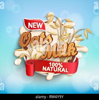 Produits frais et naturels du lait d'avoine label splash avec ruban sur fond bleu bokeh pour logo, template, étiquette, d'un insigne, emblème de l'épicerie, magasin de l'agriculture Illustration de Vecteur