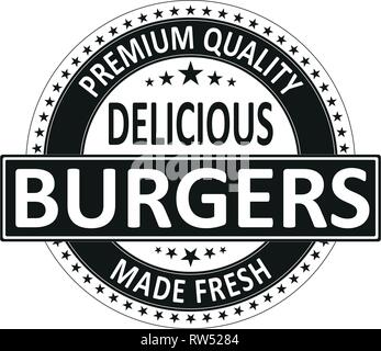 Qualité premium noir délicieux hamburgers faits isolés de tampon en caoutchouc carré frais tag Illustration de Vecteur