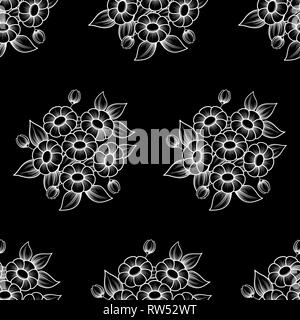 Contour blanc motif floral seamless bouquetes isolé sur fond noir Illustration de Vecteur