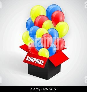 L'affiche de la surprise avec des ballons tas battant ouvert à partir de la boîte rouge. Vector illustration. Illustration de Vecteur