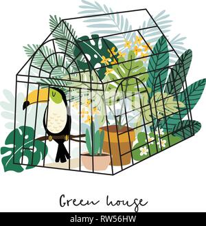 Tropical d'été Carte de vœux, invitation. Toucan oiseau de green house avec palm et monstera feuilles et fleurs. Cute cartoon illustrations vectorielles Illustration de Vecteur