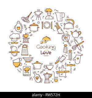 La cuisson à l'amour de l'arrière-plan circulaire d'icônes sur le thème de la cuisine et la cuisson avec lettrage. Illustration de Vecteur