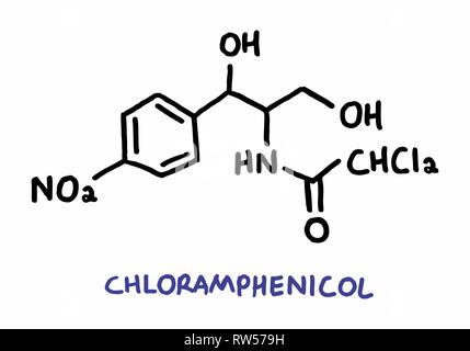 Freehand une illustration de la structure chimique du chloramphénicol Illustration de Vecteur