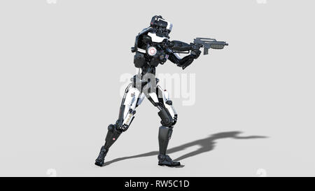 Robot de la police, de l'application android, cyborg cop fusil de chasse sur fond blanc, side view, 3D Rendering Banque D'Images