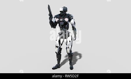 Robot de la police, de l'application android, cyborg cop holding gun isolé sur fond blanc, 3D Rendering Banque D'Images