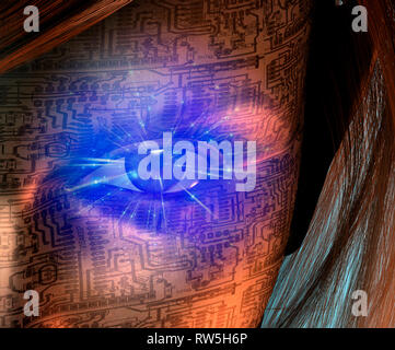 Les droits de la technologie. Femme avec motif du circuit électrique et l'œil brillant Banque D'Images