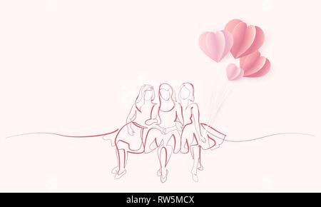 Heureux 8 mars journée de la femme carte. Dessin d'une ligne continue. Les filles d'amis assis ensemble avec des ballons en forme de cœur de l'ACI. Vector illustration Illustration de Vecteur