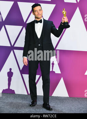 Rami Malek - Meilleur Acteur 019 lors de la 91e Academy Awards annuel dans la salle de presse pendant au Hollywood and Highland le 24 février 2019 à Hollywood, Californie Banque D'Images