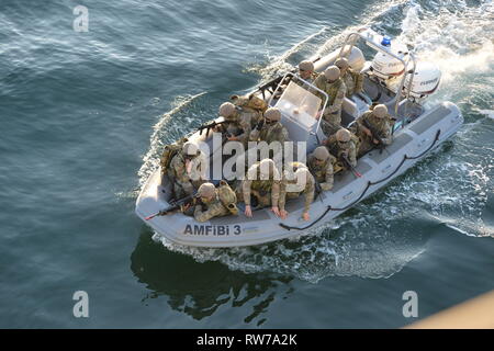 Izmir. 5e Mar, 2019. Les soldats participent la 'patrie' bleu 2019 exercice militaire naval à Izmir, Turquie, le 5 mars 2019. La plus importante jamais réalisée par forage la marine turque est considérée par les analystes comme un signe à la fois de la détermination d'Ankara afin de protéger ses droits d'exploration de gaz et territoriale dans la mer Méditerranée et le rebond de la marine des répercussions de l'échec d'un coup en 2016. Source : Xinhua/Alamy Live News Banque D'Images