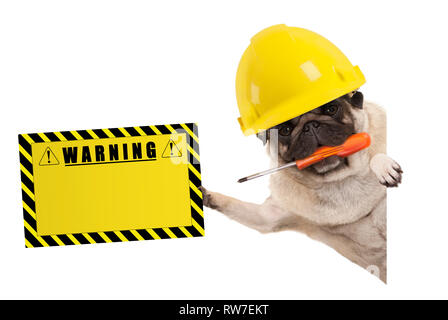 Frolic construction worker pug dog avec casque, constructeur holding orange et jaune tournevis panneau d'avertissement, isolé sur fond blanc Banque D'Images