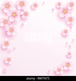 Fleurs de prunier roses flottent sur fond rose. Vector illustration 3D style coupé pour le Nouvel An chinois ou carte de mariage, web, l'impression. Illustration de Vecteur