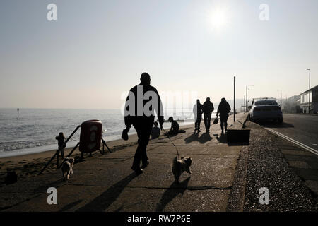 Marcher deux chiens sur les pistes le long de la promenade du front de mer de Sandown en silhouette. D'autres utilisateurs de la plage et de la promenade autour. Banque D'Images