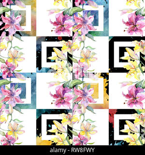 Jaune et violet fleurs fleurs lys botanique. Contexte aquarelle illustration set. Motif de fond transparent. Banque D'Images