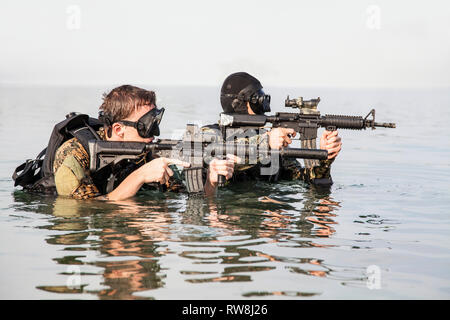 Plongeurs de Navy SEAL avec équipement de plongée complet et d'armes dans l'eau. Banque D'Images