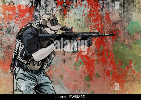 Entrepreneur militaire privée de PMC. Une image de la main dans le style bande dessinée Banque D'Images