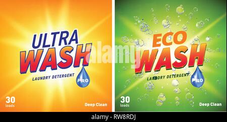 L'emballage du détergent concept design montrant eco friendly de nettoyage et de lavage. Emballage du détergent avec eco logo. Illustration de Vecteur