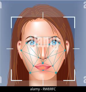 Le concept de système de reconnaissance faciale. La reconnaissance des visages. Numérisation 3D. Illustration de Vecteur