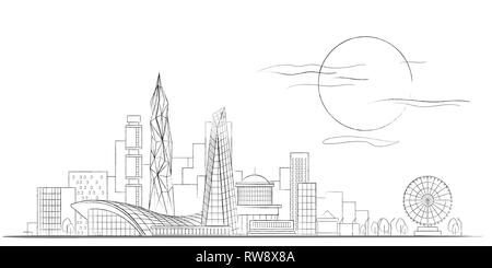 Croquis de linéaire Vector Modern Cityscape fond noir et blanc Illustration de Vecteur