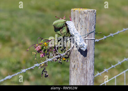 Fleurs fanées, flétries, sur barrière, près d'un suicide, spot, Tennyson, Freshwater Bay, île de Wight, Angleterre, Royaume-Uni, Banque D'Images