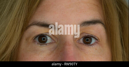 Close up des yeux avec la lumière carré reflet dans l'élève. Banque D'Images