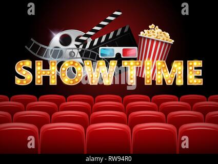 Salle de cinéma avec des sièges rouges, Showtime, conception de l'affiche avec le pop-corn, lunettes 3D, bande de film, Meissen, vector illustration. Illustration de Vecteur