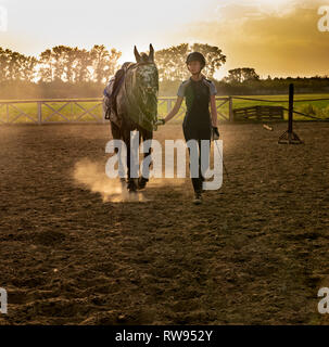 Belle fille jockey tenir à côté de son cheval portant des uniformes spéciaux sur un ciel et vert sur un fond de champ coucher du soleil Banque D'Images