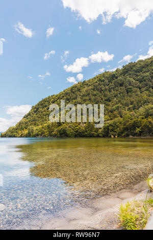 Colline verte et des eaux cristallines du lac Tarawera, NZ. Banque D'Images