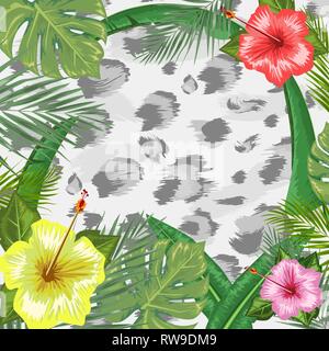 Contexte tropical avec cadre ou une bordure faite de feuilles et de fleurs tropicales et de place pour le texte et l'arrière-plan en peau de léopard. Télévision vector illustration. Illustration de Vecteur