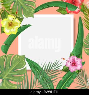 Contexte tropical avec cadre ou une bordure faite de feuillage exotique tropical et des feuilles et de la place pour le texte. Vector illustration aquarelle plate. Illustration de Vecteur